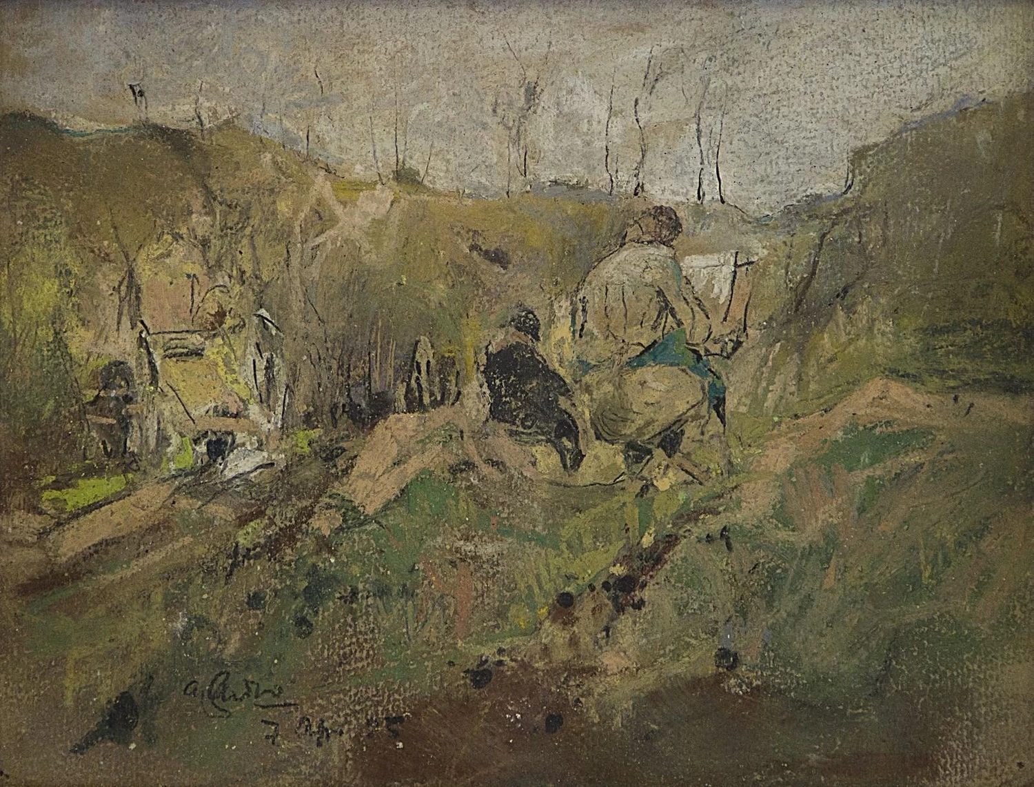 Bozzetto per paesaggio con personaggio e cane